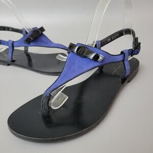 Salvatore Ferragamo Blue Suede Patent Thong Flat Sandals Bow Slingback Size 9